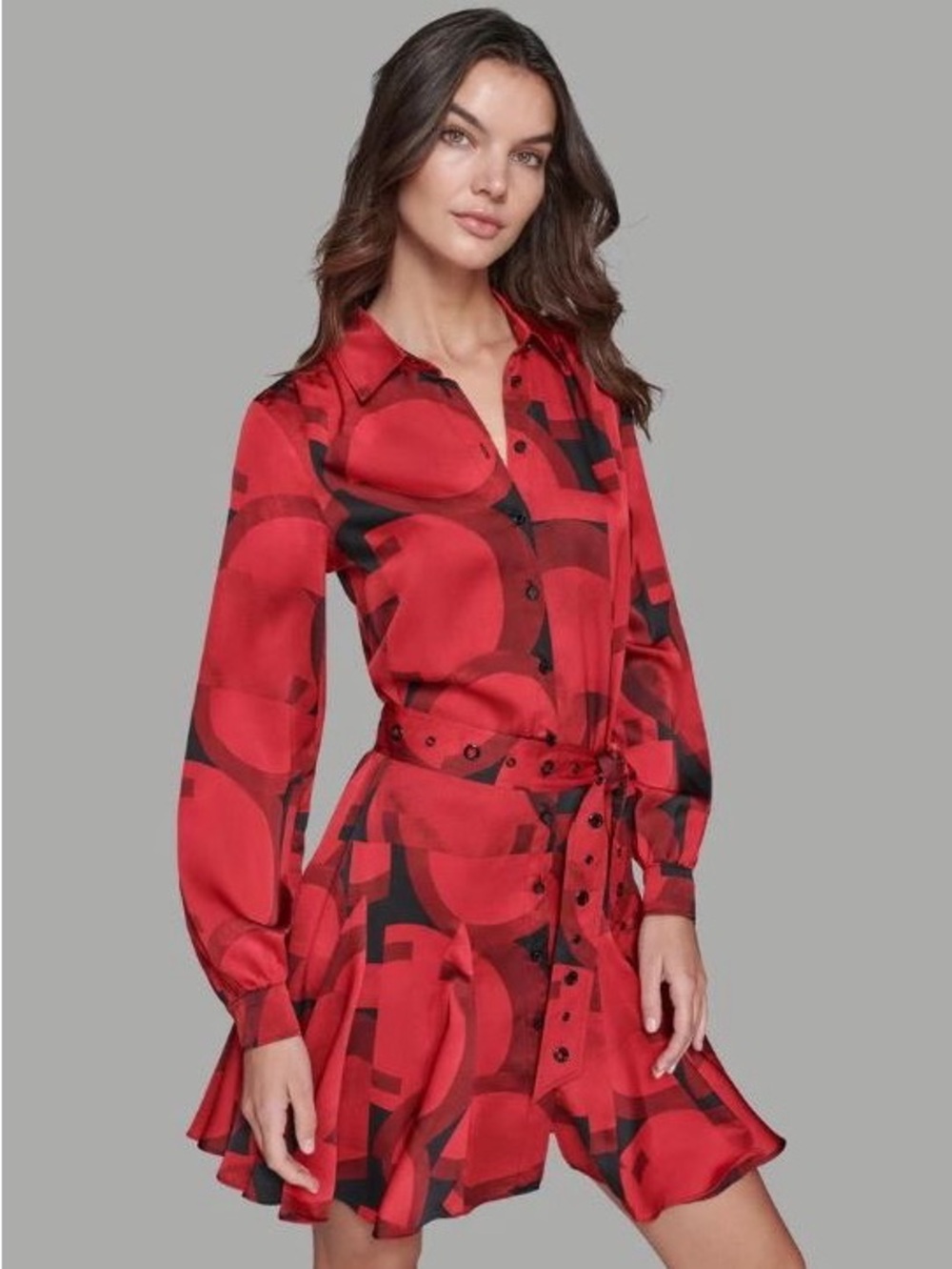 Karl Lagerfeld Red and Black Geometric Long-Sleeve Shirt Dress